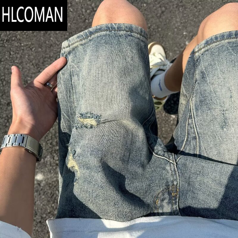 HLCOMAN美式破洞牛仔短裤男2025新款夏季穿搭裤子潮牌痞帅外穿宽松五分裤