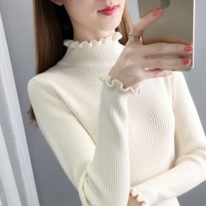 半高领毛衣打底衫女洋气秋冬新款木耳边针织上衣修身紧身长袖内搭