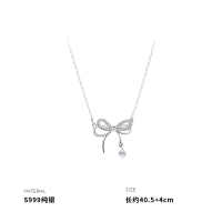 999纯银项链女锁骨链闪亮蝴蝶结吊坠小众设计ins风时尚送女朋友老婆情人节七夕生日礼物