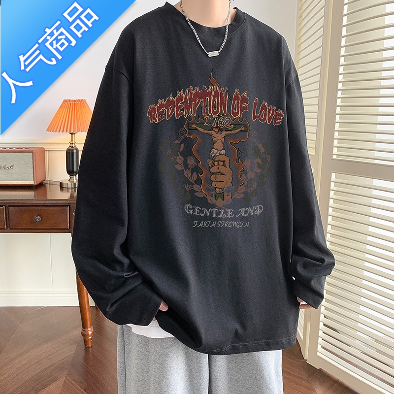 喻娄欧美高街印花t恤男潮牌宽松休闲长袖卫衣ins潮流内搭打底衫个性T恤
