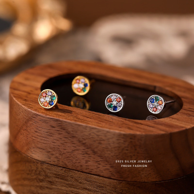 彩色锆石圆形耳钉女s925纯银简约时尚百搭韩版微镶彩钻耳饰批发送女朋友老婆情人节七夕生日礼物