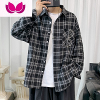 七斓格子长袖衬衫男宽松韩版潮学生休闲复古帅气外穿磨毛衬衣外套