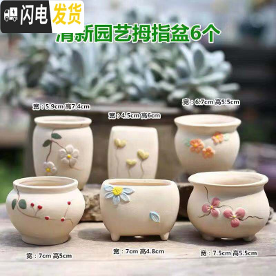 三维工匠韩式多肉花盆陶瓷大号大口径肉肉植物粗陶透气创意小花盆 清新园艺拇指盆6个 小花盆容器