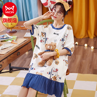 猫人睡衣女士夏季短袖睡裙纯棉可外穿甜美可爱公主风家居服睡裙