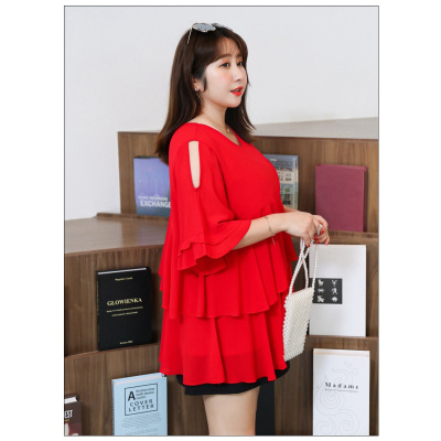 YIBUSHENG240斤特加肥加大码女夏装200胖妹妹遮肚显瘦T恤300气质雪纺衫上衣