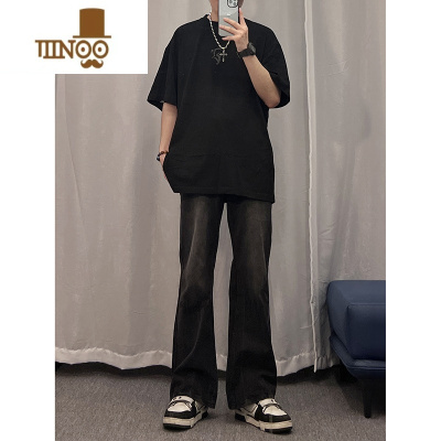 YANXU复古黑色牛仔裤男款美式高街vibe裤子穿搭ootd薄款直筒修身微喇裤