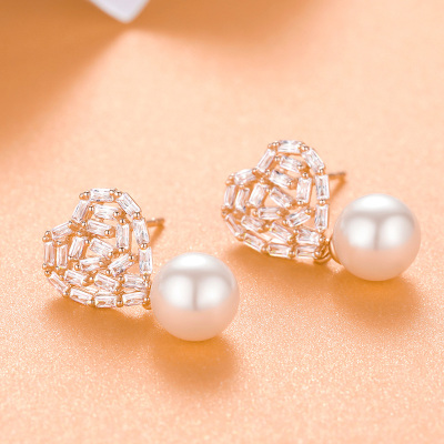 佰色传情珍珠耳环女纯银2019新款潮心形气质耳钉高级感玫瑰金