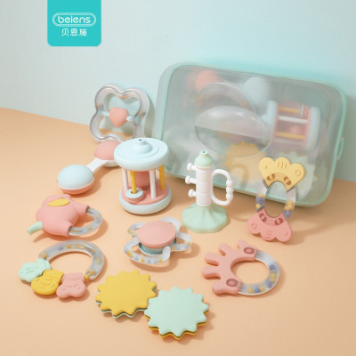 贝恩施婴儿玩具0-1岁新生儿玩具宝宝手抓球牙胶摇铃耐高温可啃咬牙胶玩具水煮摇铃10件套收纳款-