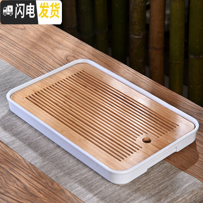 三维工匠家用小型迷你实木茶盘托盘沥水储水陶瓷功夫茶具茶海茶台干泡盘C 密胺大长方中孔直线白茶盘36cm