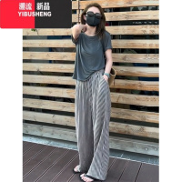 YIBUSHENG港味时尚条纹棉麻休闲裤女2024季薄款宽松显瘦直筒拖地阔腿长裤