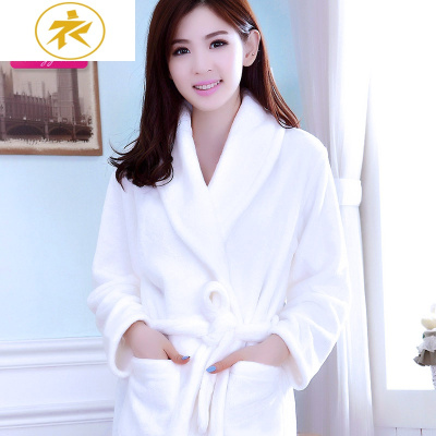 Ideamini睡衣酒店睡袍情侣秋冬季加厚法兰绒长袖浴袍男女珊瑚绒白色家居服