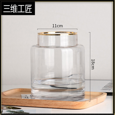 欧式ins简约透明玻璃花瓶水培鲜花玫瑰百合插花花瓶客厅餐桌摆件三维工匠1518描金（透明色）大