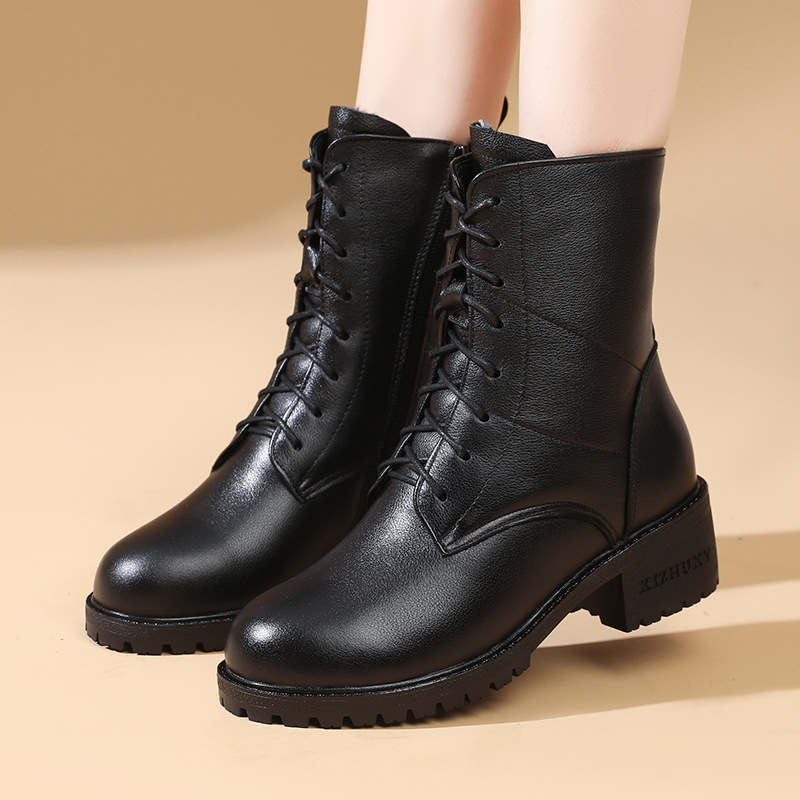 真皮棉靴女秋冬加绒复古马丁靴女短靴高跟软底时尚前系带单靴