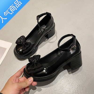 SUNTEK蝴蝶结珍珠一字扣带玛丽珍高跟鞋女2023年新款粗跟仙女鞋温柔单鞋