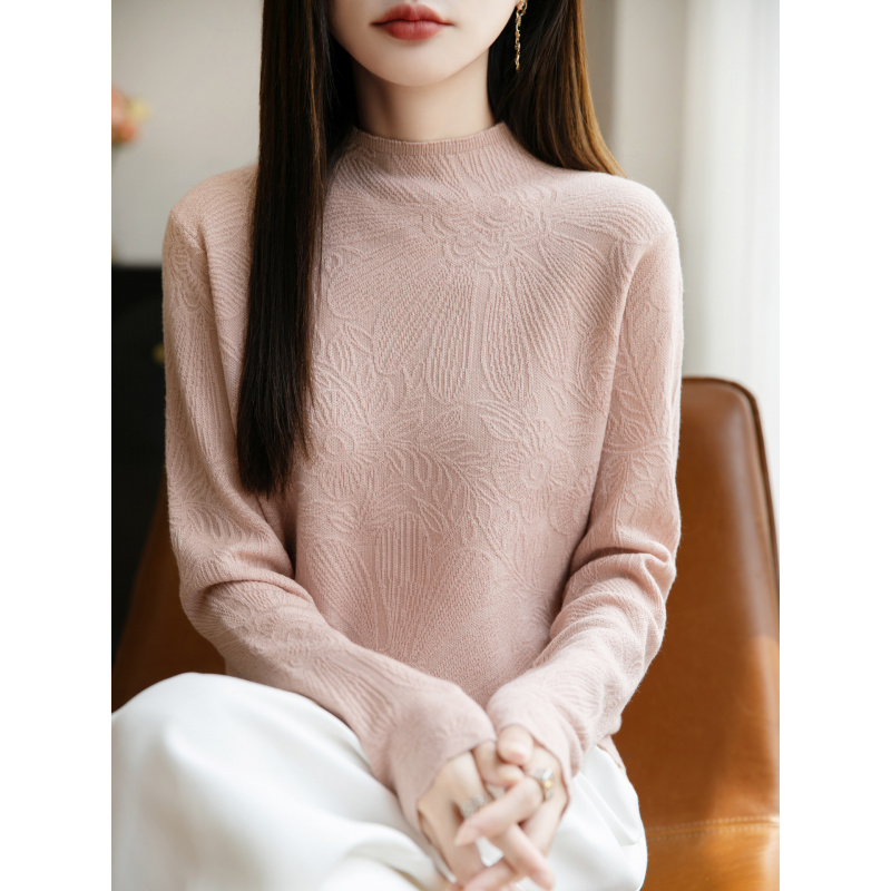 半高领花精纺6毛针织打底衫女宽松长袖套头内搭女士新款薄毛衣