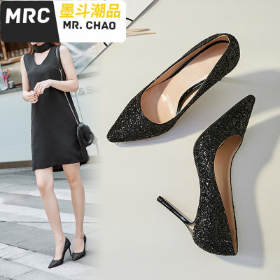 单鞋女2020新款高跟鞋细跟亮片婚纱结婚鞋平时可穿新娘尖头水晶鞋墨斗潮品休闲鞋