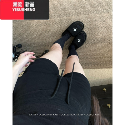 YIBUSHENG辣妹松紧腰抽绳休闲裤女季新款黑色运动裤高腰百搭显瘦短裤热裤