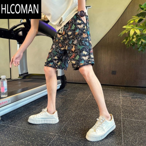 HLCOMAN沙滩裤男网红潮牌花色蝴蝶短裤青年运动中裤男宽松直筒休闲五分裤