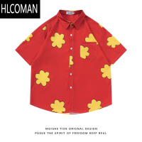 HLCOMANMOISHE TIDE之家giggity红色短袖衬衫男女宽松阿q同款花衬衣