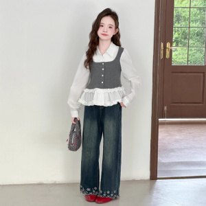 女童秋季套装新款女大童韩系假两件衬衫阔腿牛仔裤潮