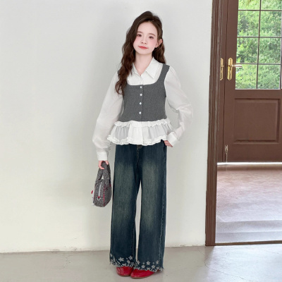 女童秋季套装新款女大童韩系假两件衬衫阔腿牛仔裤潮