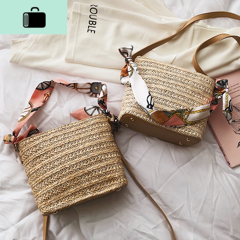 编小包包女2020新款春夏森系编织丝巾仙女水桶包少女斜挎沙滩包NEW LAKE女士单肩包