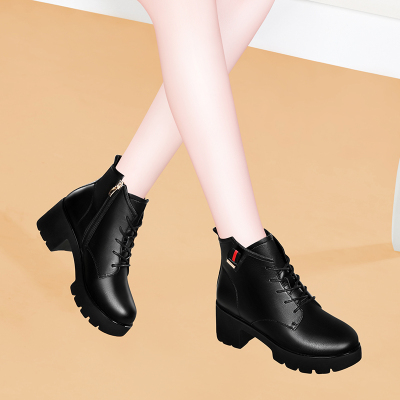 古奇天伦马丁靴女2020新款秋季系带粗跟厚底短靴女士高跟单靴百搭高帮靴5178