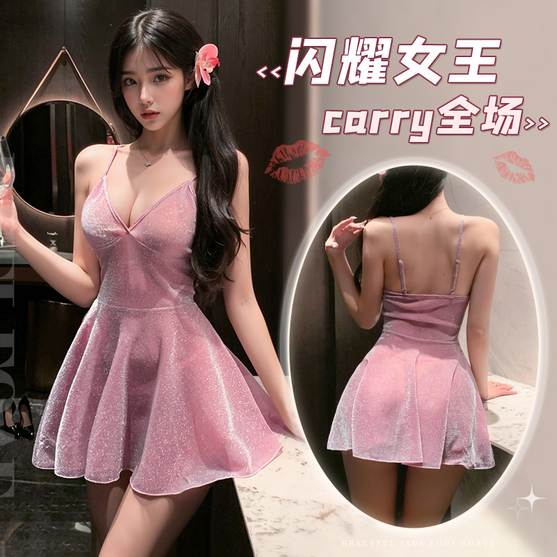 霏慕吊带深V风情亮闪连衣裙性感情趣内衣睡衣浴袍6154