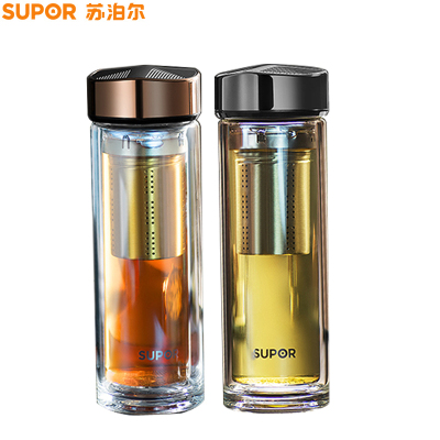 苏泊尔(SUPOR)380ml玻璃杯双层便携水杯过滤带盖随手杯男士商务办公泡茶杯子玻璃杯KC38CP1