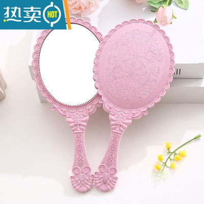 敬平复古宫廷风手柄化妆镜美容院专用纹绣镜便携随身手持手拿高清镜子便携式用镜 粉色--2个装
