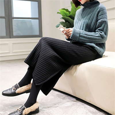 [3件8.5折101.9元,叠加优惠券]唐狮毛织裙中长裙秋冬新款女高腰显瘦百搭针织裙半身长裙yd