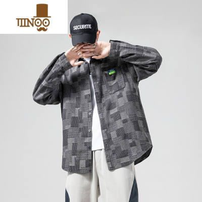 YANXU牛仔外套男款潮牌美式复古翻领格子夹克秋季宽松潮流男士上衣