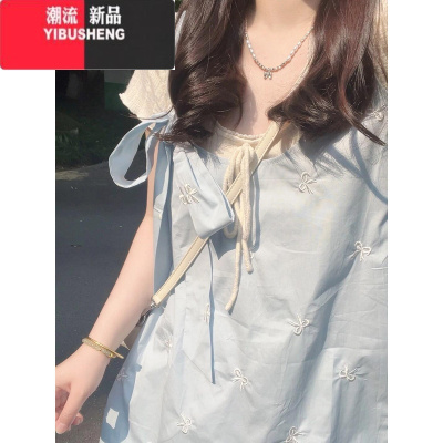 YIBUSHENG小个子连衣裙季一整套蓝色蝴蝶结刺绣宽松甜美背心吊带娃娃短裙