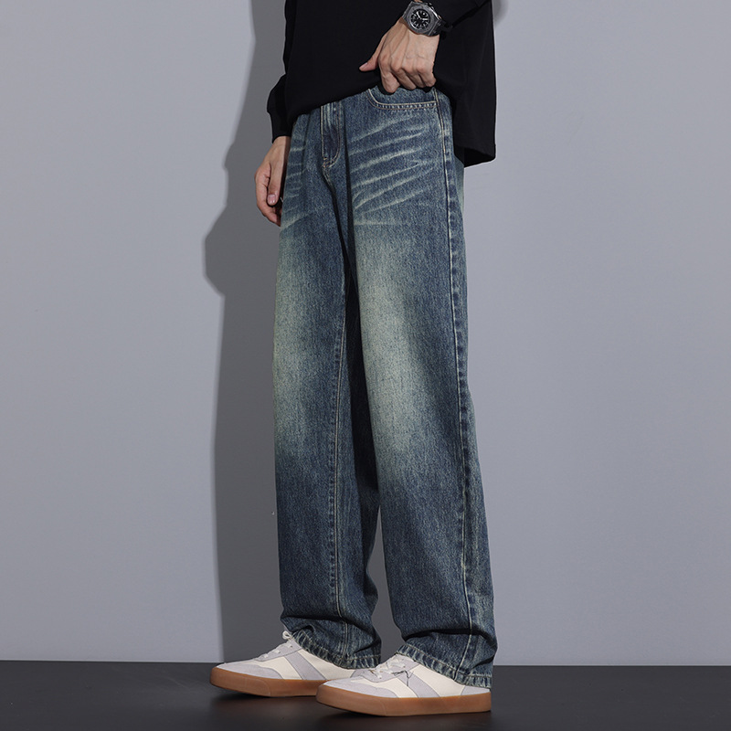 复古腔调 男士宽松直筒牛仔裤 水洗做旧高街潮牌 大码百搭男长裤