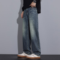 复古腔调 男士宽松直筒牛仔裤 水洗做旧高街潮牌 大码百搭男长裤