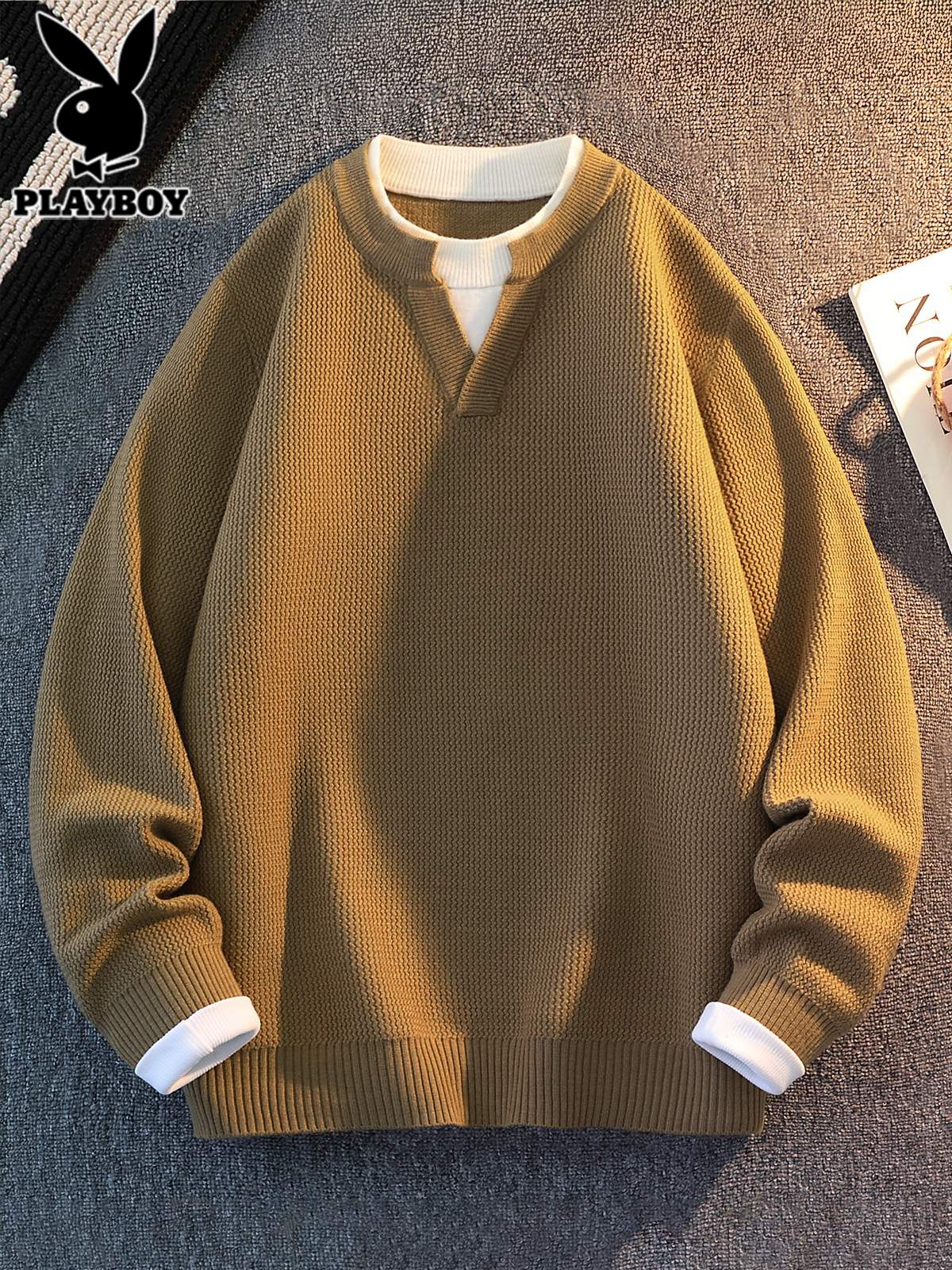 花花公子假两件毛衣男士秋冬季新款毛衫潮流宽松叠穿v领针织衫男