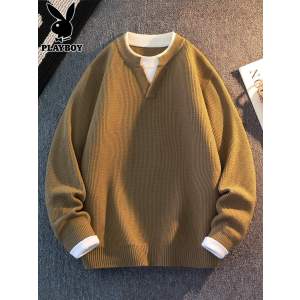 花花公子假两件毛衣男士秋冬季新款毛衫潮流宽松叠穿v领针织衫男
