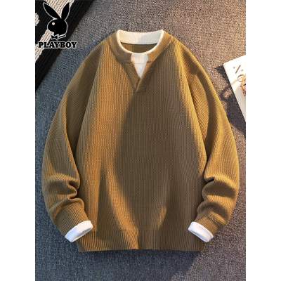 花花公子假两件毛衣男士秋冬季新款毛衫潮流宽松叠穿v领针织衫男
