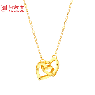御纯金珠宝18K金项链爱心吊坠AU750项链时尚K金缠绵双心项链K黄套链K黄-缠绵双心套链