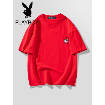 花花公子潮牌男装夏季新款虎头字母刺绣短袖百搭t恤绣花圆领半袖