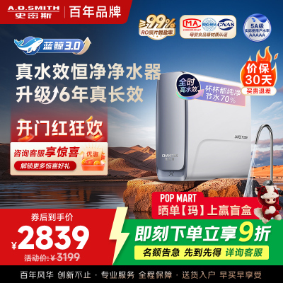 AO史密斯佳尼特[25年新升级]蓝鲸真水效净水器家用厨下式直饮净水机净饮机1000G CR2500AE1 国家补贴
