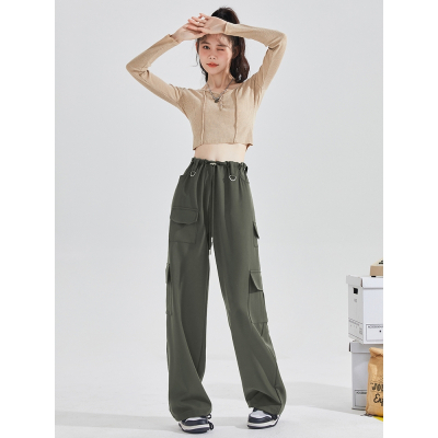 [2.5折价117元]唐狮美式复古辣妹宽松口袋裤春夏新款黑色显瘦休闲工装裤子女