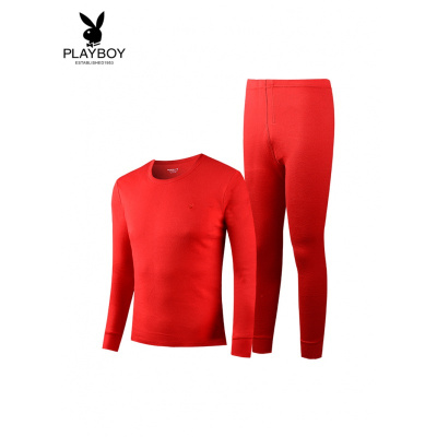 精品特卖-花花公子PLAYBOY本命年内衣套装男士女保暖内衣棉属鼠年大红色秋衣秋裤