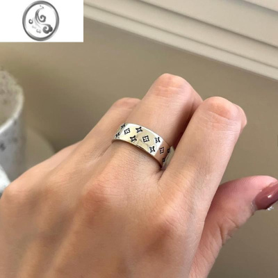 JiMi925银银戒指女情侣开口食指戒宽面ins小众设计高级感复古做旧指环