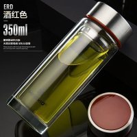 家柏饰(CORATED)玻璃杯便携双层水杯透明圆形带盖男女车载办公家用随手茶杯子 红色350ml