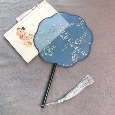 透明秀禾服新娘DIY贴花手工宫扇COS摄影复古风圆烫金芒种舞蹈团扇三维工匠榉木黑柄烫金柳条蓝