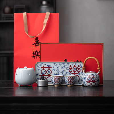 苏氏陶瓷(SUSHI CERAMICS)平安喜乐青花温茶套装功夫茶具套组