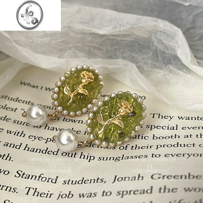 JiMi法式vintage复古港风莫奈中古耳夹珍珠耳环绿色耳钉女气质耳饰品
