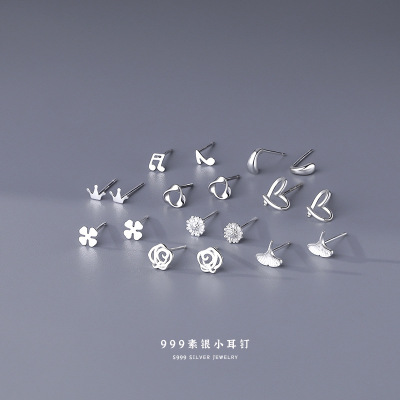 云小舒S999足银耳钉女简约四叶草纯银小耳骨钉养耳洞耳饰代发批发送女朋友老婆情人节七夕生日礼物