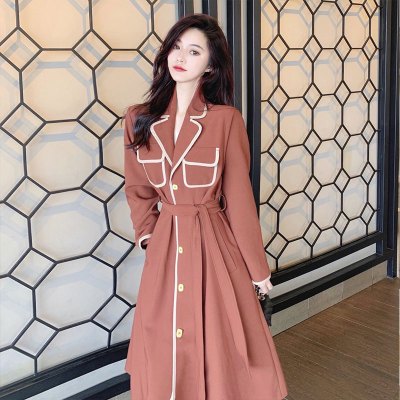 FISHBASKET英伦风中长款撞色风衣女装气质小个子修身大衣外套2020年新款风衣女